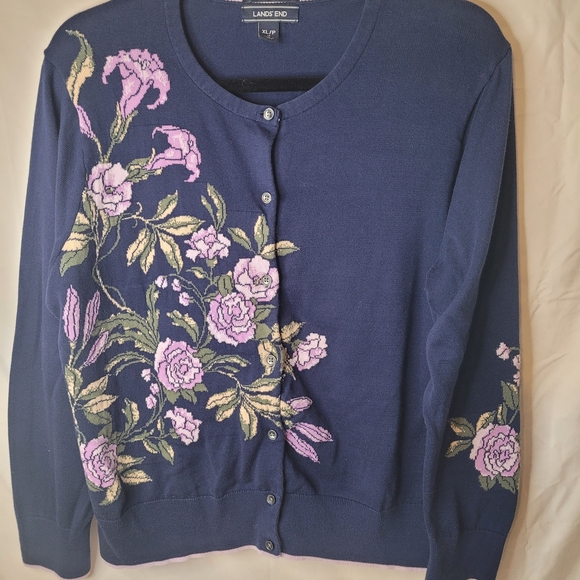 Lands' End Women's Blue Cardigan with Pink Floral Design - Picture 2 of 3